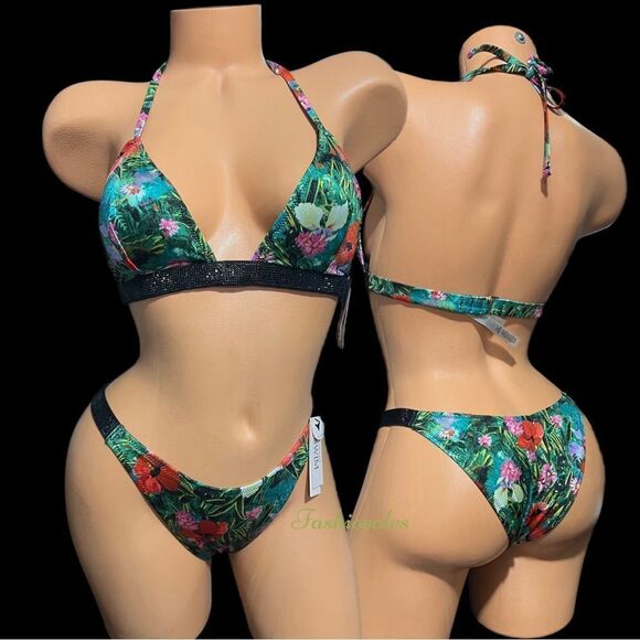 Victorias Secret Swim Set Bling Shine Strap Triangle Bikini Top & Bottom - Picture 2 of 7